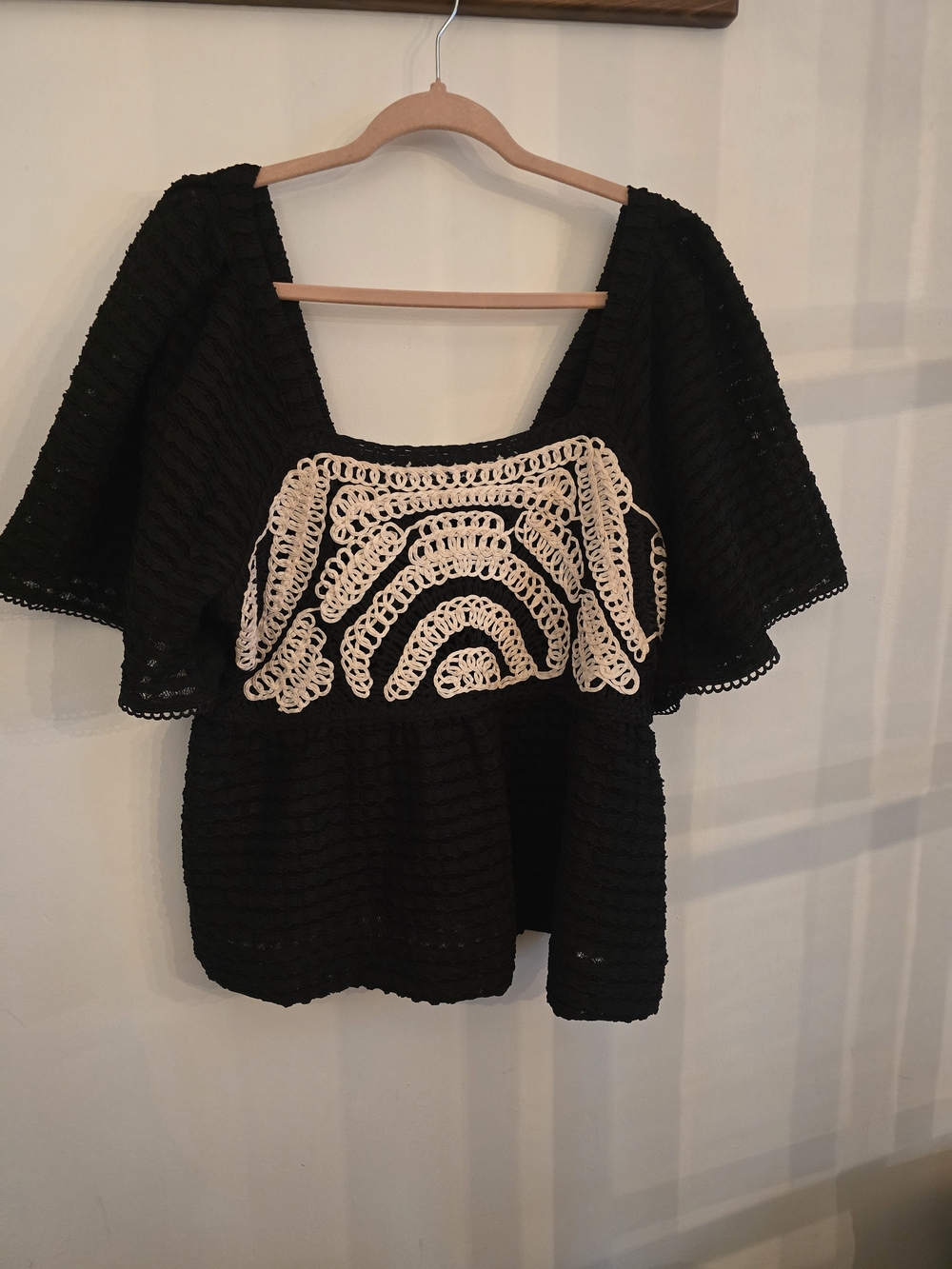Black Crochet Peasant Top with Cream Panel - Anthropologie